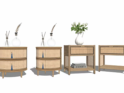 Bedside Tables With Various Designs Rattan Wood Finish And Decorative Vase Green Plant Books 3d model