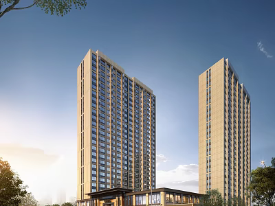 Modern High Rise Office Building Exterior With Glass Facade Greenery And Blue Sky Sunlight 3d model