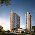 Modern High Rise Office Building Exterior With Glass Facade Greenery And Blue Sky Sunlight