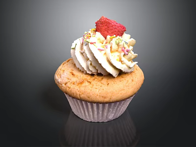 Delicious Cupcake With Swirled Frosting Fresh Strawberry And Colorful Sprinkles 3d model