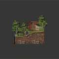 Rustic Log Cabin With Red Tile Roof Wooden Deck Pine Trees Small Stream And Rocks