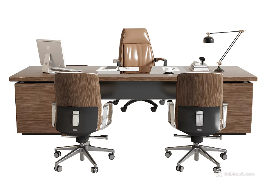 Modern Office Desk And Swivel Chairs Set With Laptop Desk Lamp And Workspace 3d model 