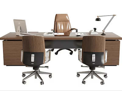 Modern Office Desk And Swivel Chairs Set With Laptop Desk Lamp And Workspace 3d model