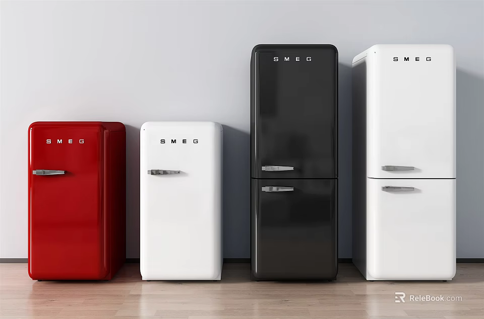 Retro Style Red White And Black Refrigerators Lined Up In Modern Interior Space 3d model 