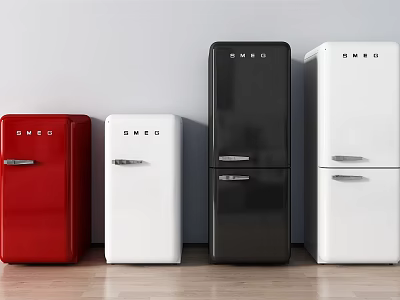 Retro Style Red White And Black Refrigerators Lined Up In Modern Interior Space 3d model