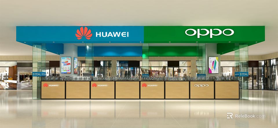 Modern Digital Store Featuring Huawei OPPO Blue Green Signage Glass Frontage and Display Counters 3d model 