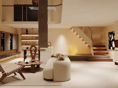Modern Dining and Living Room Interior With Beige Sofa Wooden Coffee Table And Staircase Design 3d model