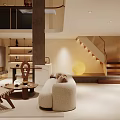 Modern Dining and Living Room Interior With Beige Sofa Wooden Coffee Table And Staircase Design