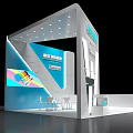 Modern Exhibition Booth With White Blue Design Brand Logo And Display Area