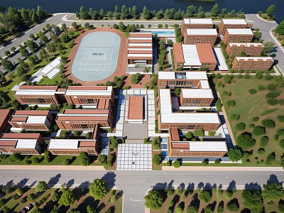 Red Brick School Buildings With Teaching Blocks Playground Swimming Pool And Green Landscaping 3d model