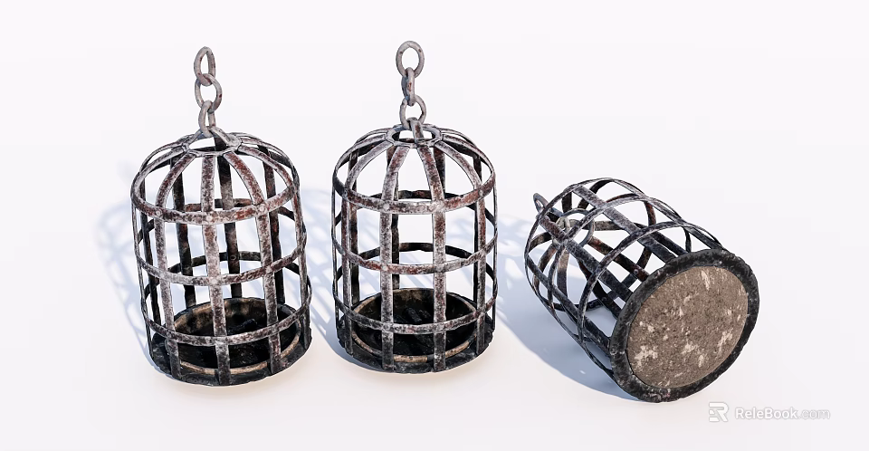Birdcage Shaped Metal Ornament Decor Set With Three Pieces And One Inverted Grid Design 3d model 