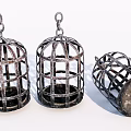 Birdcage Shaped Metal Ornament Decor Set With Three Pieces And One Inverted Grid Design