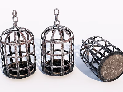 Birdcage Shaped Metal Ornament Decor Set With Three Pieces And One Inverted Grid Design 3d model