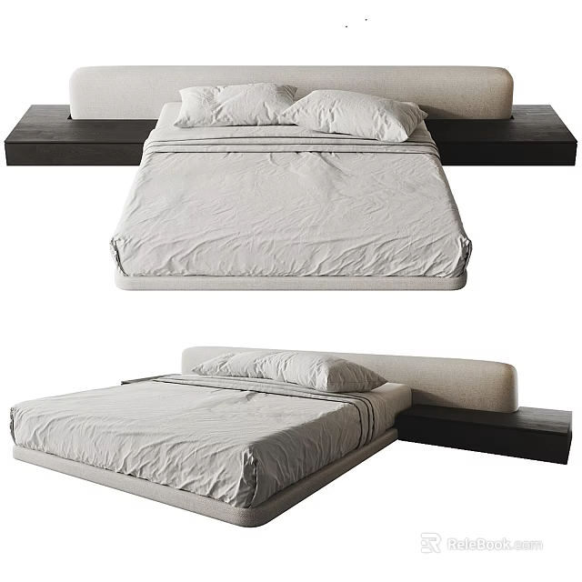 Modern Minimalist Double Bed Design With Upholstered Headboard And Gray Bedding 3d model 