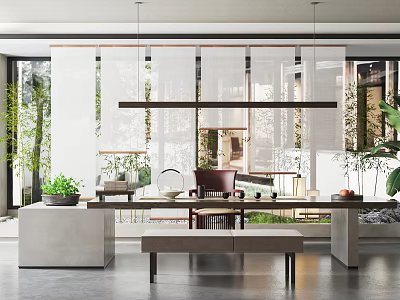 Traditional Tea House Interior With Wooden Furniture Green Plants And Natural Light 3d model