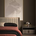 Modern Double Bed Bedroom Interior With Artwork Nightstands Armchair Rug And Wooden Flooring