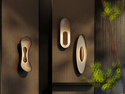 Oval Shaped Modern Wall Lamps With Metallic Finish On Dark Wall And Green Plant Decor 3d model