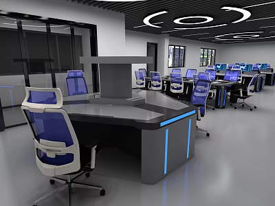 Modern Control Room Featuring Blue Chairs Black Consoles Screens Circular Light Strips Spacious Layout 3d model