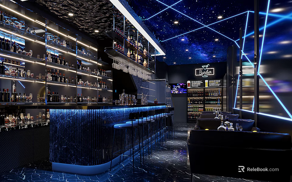 Stylish Bar Interior With Starry Ceiling Neon Lights Bar Counter And Bottle Shelves 3d model 
