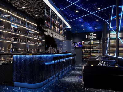 Stylish Bar Interior With Starry Ceiling Neon Lights Bar Counter And Bottle Shelves 3d model
