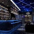 Stylish Bar Interior With Starry Ceiling Neon Lights Bar Counter And Bottle Shelves