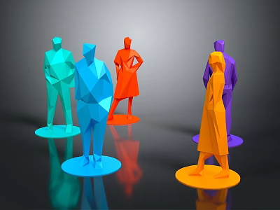 Colorful Polygonal Character Models With Various Poses On Black Background And Reflections 3d model
