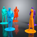 Colorful Polygonal Character Models With Various Poses On Black Background And Reflections