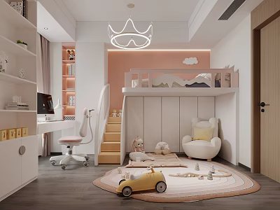 Kids Room Interior With Bunk Bed Stairs Desk Chair Playful Rug And Cloud Decor 3d model