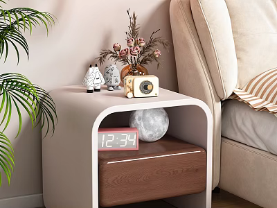 Cozy Bedroom With Nightstand Astronaut Figurines Vintage Camera Moon Decor Digital Clock And Palm Leaves 3d model