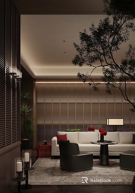 Modern Hotel Public Lounge Area With Comfortable Sofa Green Plants And Soft Lighting 3d model 