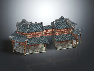 Traditional Chinese Architecture with Curved Eaves Grey Tile Roof and Wooden Structure Courtyard Design 3d model