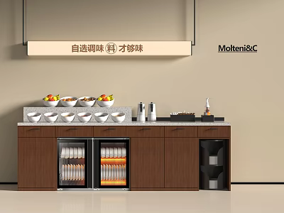 Functional Kitchen Table With Cabinets Transparent Refrigerated Doors And Bowls Fruits Condiments Coffee Machine 3d model