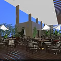 Outdoor Restaurant With Wooden Deck Wicker Furniture Green Plants Umbrellas Night Lighting And Cozy Atmosphere