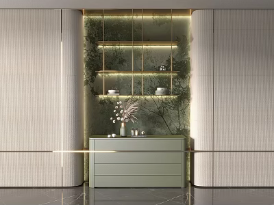 Light Green Decorative Cabinet With Layered Shelves Green Plants And Soft Lighting In Modern Interior 3d model