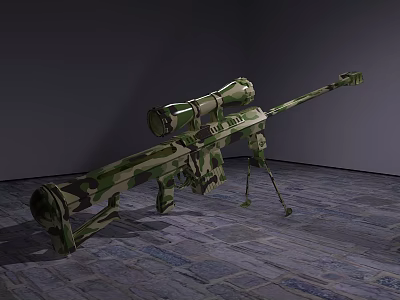 Camouflage Sniper Rifle With Telescopic Sight And Tripod Stand On Stone Tile Floor 3d model
