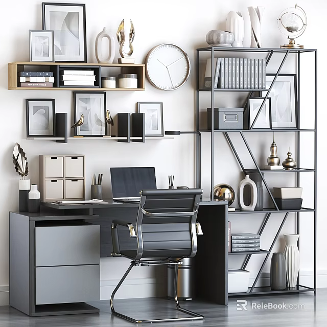Modern Home Office Desk Setup With Laptop Black Chair Bookshelf Photo Frames And Decorative Items 3d model 