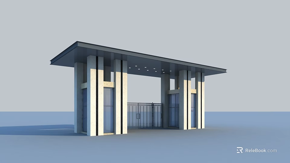 Modern Entrance Gate Design With Roof Columns Glass Doors And Metal Frames 3d model 