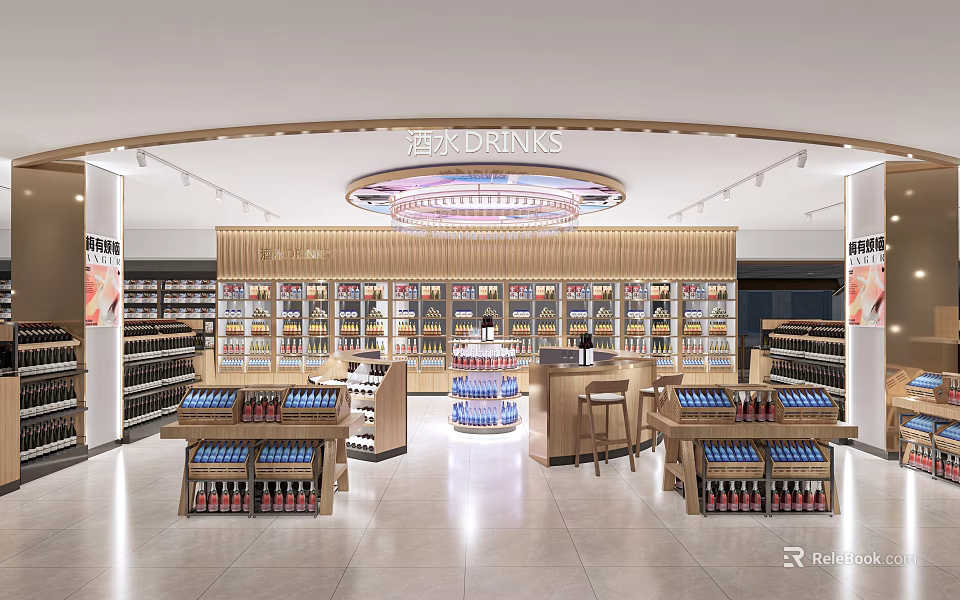 Modern Supermarket Beverage Section Featuring Shelves Full Of Drinks Circular Display And Counter Stools 3d model 