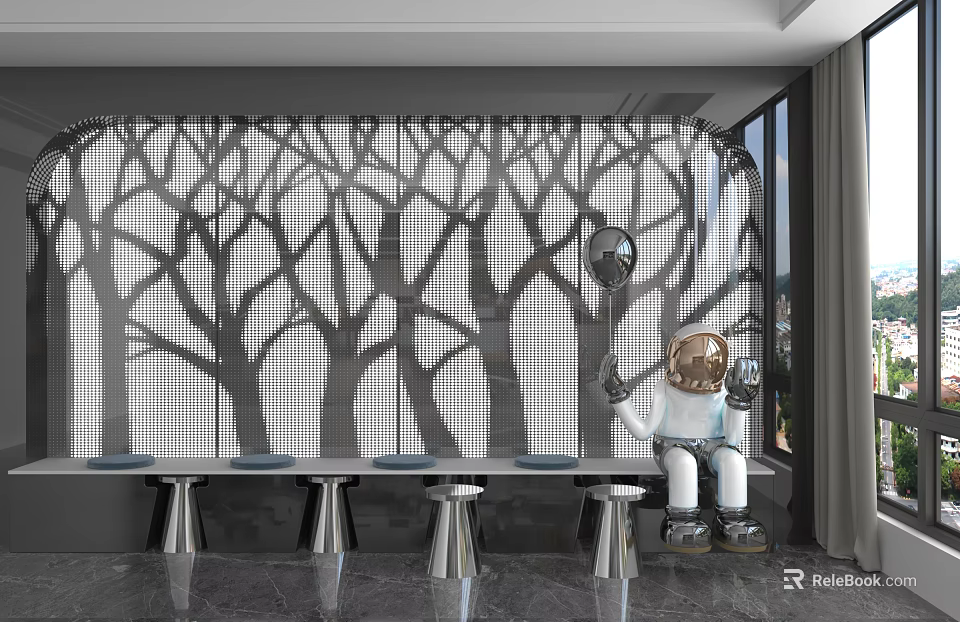 Wall Panel With Tree Pattern In Modern Indoor Space Background Metal Stools Robot Ornament 3d model