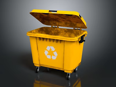 Yellow Recycling Bin With Open Lid And Wheels On Dark Surface 3d model
