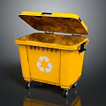 Yellow Recycling Bin With Open Lid And Wheels On Dark Surface 3d model