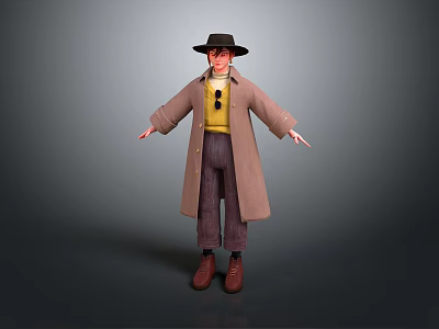 Game Movie Character Wearing Black Hat Brown Long Coat Yellow Sweater Striped Pants Brown Shoes 3d model