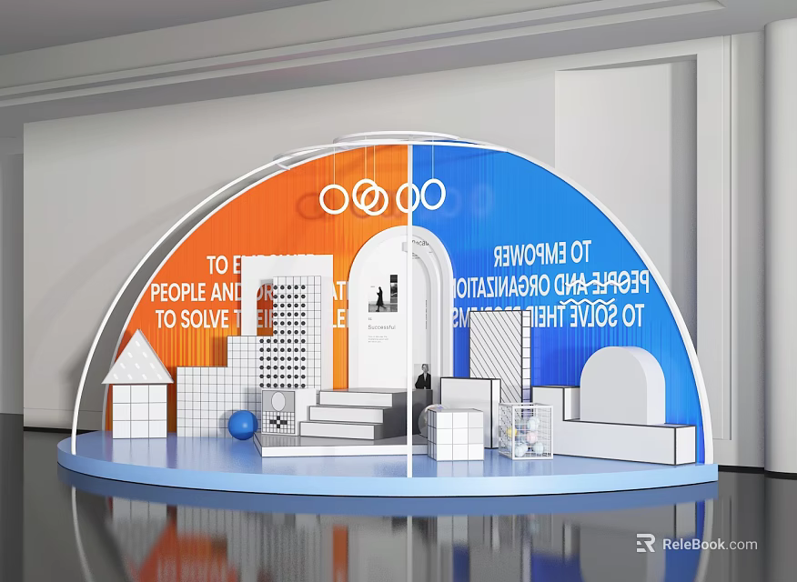 Window Display Decoration with Arched Structure Orange Blue Sections and Geometric Decorations Text Elements 3d model