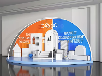 Window Display Decoration with Arched Structure Orange Blue Sections and Geometric Decorations Text Elements 3d model