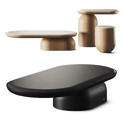 Modern Light Colored Wooden Coffee Table With Black Stone Counterpart And Cylindrical Side Tables 3d model