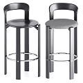 Modern Bar Stools With Metal Frame Round Padded Seat In Black And Grey