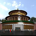 Traditional Ancient Chinese Architecture With Circular Green Roof Golden Decorations And People In Courtyard
