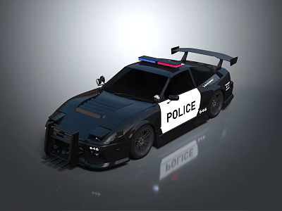 Modern Black Police Car With Flashing Lights Rear Spoiler And POLICE Logo Design 3d model