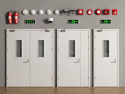 White Fire Doors With Glass Panels And Fire Safety Equipment Including Extinguishers Detectors And Signs 3d model