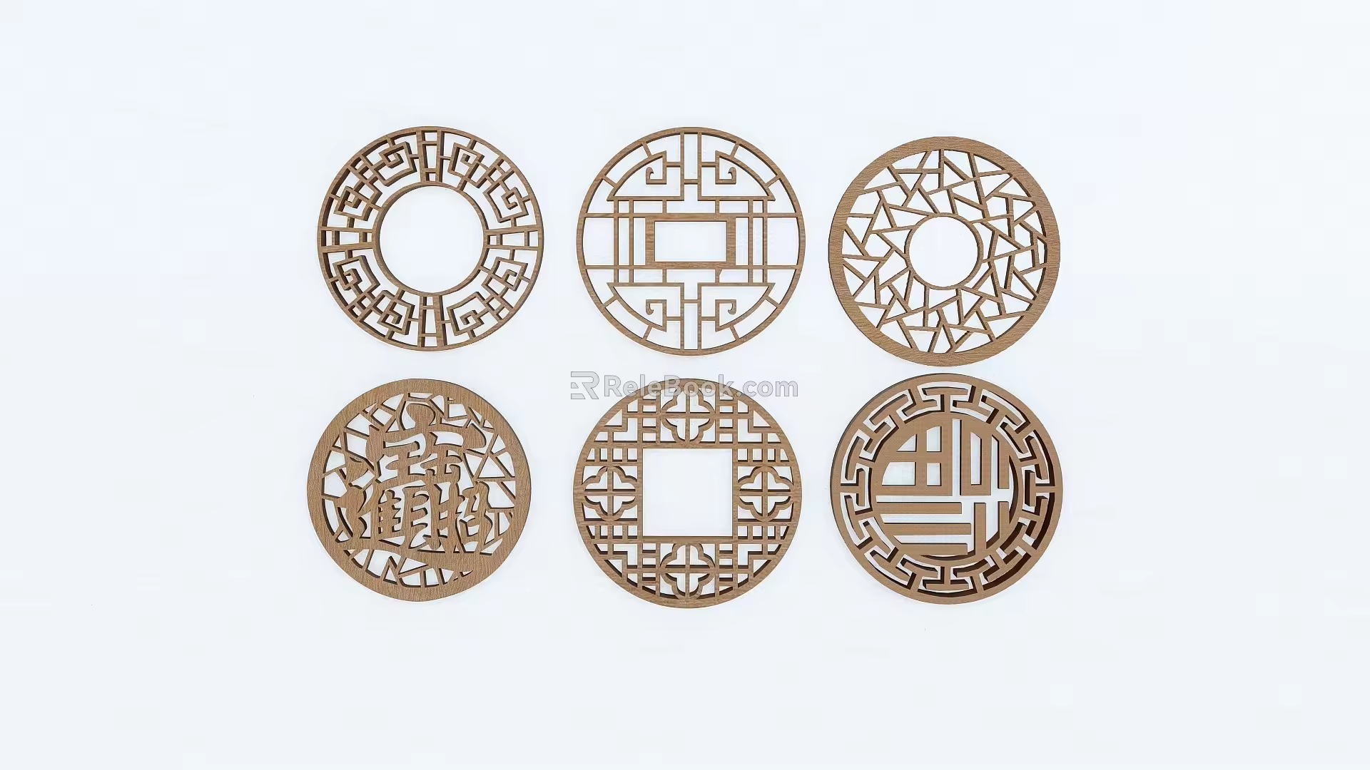 New Chinese Style Flower Window Round Landscape Window Grillage Window Landscape Pane Wooden Grillage Window Ancient Building Window Split Window Component 3d model